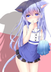 Rule 34 | 1girl, animal ear fluff, animal ears, bare arms, bare shoulders, black skirt, blue eyes, blue hair, blush, brown background, cat ears, cat girl, cat tail, closed mouth, collarbone, commentary request, gochuumon wa usagi desu ka?, hair between eyes, hair ornament, hand to own mouth, highres, holding, kafuu chino, kemonomimi mode, kouda suzu, long hair, looking away, looking to the side, nose blush, pleated skirt, pom pom (cheerleading), sailor collar, shadow, shirt, sidelocks, skirt, sleeveless, sleeveless shirt, solo, tail, two-tone background, very long hair, white background, white sailor collar, x hair ornament