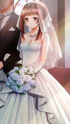 Rule 34 | 1boy, 1girl, black jacket, bouquet, breasts, bridal veil, bride, brown hair, cleavage, closed mouth, collarbone, collared shirt, diadem, doukyuusei another world, dress, flower, game cg, gloves, grey neckwear, holding, holding bouquet, jacket, jewelry, kakyuusei, long dress, long hair, long sleeves, medium breasts, necklace, necktie, official art, red eyes, shirt, smile, sparkle, strapless, strapless dress, veil, wedding dress, white dress, white gloves, white shirt, wing collar, yuuki mizuho