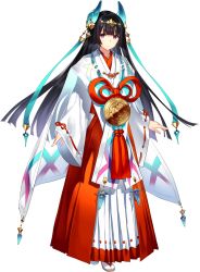 Rule 34 | 1girl, artwhirl mahou gakuen no otome-tachi, black hair, blunt bangs, closed mouth, full body, hairband, haori, highres, horns, japanese clothes, kimono, long hair, long sleeves, looking at viewer, miko, mikoto (artwhirl), red eyes, red kimono, smile, socks, solo, standing, tachi-e, transparent background, very long hair, white sleeves