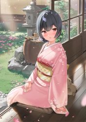 Rule 34 | 1girl, absurdres, bad id, bad pixiv id, black hair, blush, commentary request, cushion, day, floral print, flower, from side, hair between eyes, hair flower, hair ornament, highres, idolmaster, idolmaster shiny colors, japanese clothes, kanzarin, kimono, long sleeves, looking at viewer, looking to the side, morino rinze, obi, parted lips, pink flower, pink kimono, print kimono, red eyes, sash, short hair, sitting, sleeves past wrists, sliding doors, smile, solo, white flower, zabuton