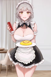 Rule 34 | 1girl, absurdres, bare shoulders, breasts, chowbie, cleavage, cleavage cutout, clothing cutout, commentary, food, grey hair, happy, highres, ketchup, ketchup bottle, large breasts, looking at viewer, maid, maid headdress, omelet, omurice, original, smile, solo, tray, yellow eyes