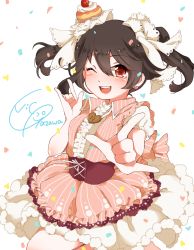 Rule 34 | 10s, 1girl, ;d, bad id, bad pixiv id, black hair, blush, character name, collared shirt, confetti, cupcake, double m/, dress, food, food on head, heart, love live!, love live! school idol festival, love live! school idol project, m/, object on head, one eye closed, open mouth, purin0, purin (purin0), red eyes, shirt, simple background, smile, solo, striped clothes, striped dress, twintails, vertical-striped clothes, vertical-striped dress, yazawa nico