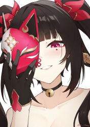 Rule 34 | 1girl, black gloves, black hair, blush, breasts, cleavage, commentary, facial mark, fox mask, gloves, grin, holding, holding mask, honkai: star rail, honkai (series), long hair, looking at viewer, mask, pink eyes, portrait, smile, solo, sparkle (honkai: star rail), twintails, white background, xsan vanny