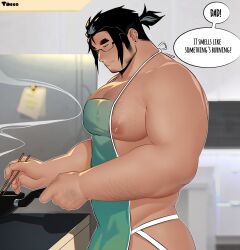 Rule 34 | 1boy, apron, arm hair, ass, bara, belly, chest hair, chopsticks, cooking, dark-skinned male, dark skin, english text, facial hair, feet out of frame, from side, glasses, goatee, green apron, hairy, high ponytail, highres, holding, holding chopsticks, introduction, jockstrap, large pectorals, long sideburns, looking down, male focus, male underwear, mature male, multicolored hair, muscular, muscular male, mustache stubble, mutton chops, nipples, no pants, old, old man, original, pectoral cleavage, pectorals, scar, scar across eye, short hair, sideburns, sidepec, solo, speech bubble, streaked hair, stubble, tacco (el tacc0), taro yamada (tacco), thick eyebrows, underwear