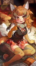 Rule 34 | absurdres, animal ears, blush, brown eyes, brown hair, dhole (kemono friends) (old design), dog ears, dog tail, elbow gloves, fur collar, gloves, highres, kemono friends, kemono friends 3, long hair, looking at viewer, melaton, multicolored hair, open mouth, shirt, short hair, short sleeves, skirt, smile, tail, thighhighs, vest, white hair, yellow eyes