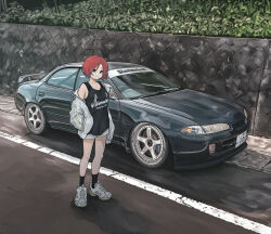 Rule 34 | 1girl, absurdres, black socks, black tank top, bokuya, car, closed mouth, commentary request, highres, jacket, license plate, long sleeves, motor vehicle, original, outdoors, red hair, road, shoes, shorts, sleeveless, smile, sneakers, socks, spoiler (automobile), standing, tank top, toyota, toyota carina, toyota carina ed gt st205, vehicle focus, white footwear, white jacket, white shorts