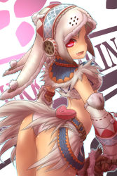 Rule 34 | 1girl, ass, blush, capcom, fang, gauntlets, hairband, highres, kirin (armor), lagombi (armor), monster hunter (series), monster hunter portable 3rd, open mouth, pouch, red eyes, solo, tsukigami chronica, weapon, wedgie