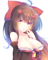 Rule 34 | 1girl, agano (azur lane), ahoge, azur lane, bare shoulders, blush, bow, breasts, brown hair, cleavage, collarbone, commentary request, detached sleeves, hair between eyes, hair bow, hand up, head tilt, high ponytail, large breasts, long hair, long sleeves, open mouth, ponytail, red bow, red eyes, ribbon-trimmed sleeves, ribbon trim, sakurato ototo shizuku, simple background, solo, strapless, very long hair, white background, wide sleeves