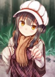 Rule 34 | 1girl, backpack, bag, baram, black hair, blurry, blush, brown scarf, closed mouth, fate/kaleid liner prisma illya, fate (series), hair ornament, hairclip, hat, looking at viewer, miyu edelfelt, plaid, plaid shirt, scarf, shirt, smile, solo, upper body, yellow eyes