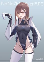 Rule 34 | 1girl, alternate costume, black leotard, breasts, brown hair, character name, chinese commentary, collarbone, controller, covered navel, dualsense, game console, hair behind ear, halterneck, han (ozrfour), hand on own hip, highres, holding, holding controller, jacket, leotard, long hair, medium breasts, nanami (virtuareal), nijisanji, open mouth, playstation 5, playstation controller, smile, solo, thighhighs, virtual youtuber, virtuareal, white jacket