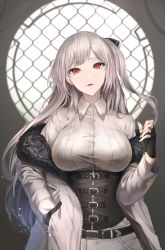 Rule 34 | 1girl, belt, black gloves, breasts, buttons, coat, collared shirt, commentary, fingerless gloves, fingernails, fur collar, fur trim, gloves, hair ribbon, hand in pocket, head tilt, highres, jacket, jacket on shoulders, large breasts, limeblock, long hair, long sleeves, looking at viewer, one side up, open mouth, original, parted lips, red eyes, ribbon, shirt, silver hair, solo, standing, taut clothes, taut shirt, underbust, upper body, white shirt