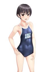Rule 34 | 1girl, absurdres, black hair, blue one-piece swimsuit, blue sky, brown eyes, commentary request, competition school swimsuit, covered navel, feet out of frame, hand on own hip, highres, name tag, one-piece swimsuit, original, school swimsuit, short hair, simple background, sky, solo, standing, swimsuit, takafumi, tomboy, variant set, white background