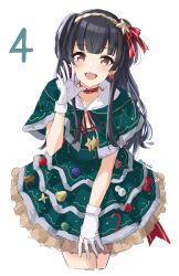 Rule 34 | 1girl, :d, black hair, brown eyes, cape, capelet, commentary request, cropped legs, dress, earrings, frilled dress, frills, fur-trimmed capelet, fur trim, gloves, green cape, green dress, green santa costume, hair ornament, hand up, highres, idolmaster, idolmaster shiny colors, jewelry, layered dress, long hair, looking at viewer, mayuzumi fuyuko, open mouth, pleated dress, red ribbon, ribbon, santa costume, simple background, smile, solo, star (symbol), star hair ornament, suke (momijigari), twitter username, two side up, very long hair, white background, white gloves