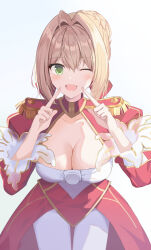 Rule 34 | 1girl, ;d, absurdres, ahoge, blush, braid, braided bun, breasts, cleavage, cleavage cutout, clothing cutout, commentary, cowboy shot, double-parted bangs, dress, eyelashes, eyes visible through hair, fate/extra, fate (series), fingers to cheeks, green eyes, hair between eyes, hair bun, hair intakes, hands up, highres, index fingers raised, juliet sleeves, kukeylove, large breasts, long sleeves, looking at viewer, nero claudius (fate), nero claudius (fate) (all), one eye closed, open mouth, pantyhose, puffy sleeves, red dress, sidelighting, simple background, single hair bun, smile, solo, standing, white background, white pantyhose