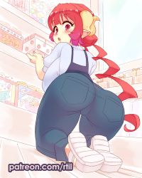 Rule 34 | 1girl, :o, ass, blue pants, blush, breasts, candy, commentary, curly hair, denim, english commentary, food, from behind, horns, huge ass, huge breasts, ilulu (maidragon), indoors, jeans, kneeling, kobayashi-san chi no maidragon, long hair, looking at viewer, looking back, low twintails, open mouth, pants, pointy ears, red eyes, red hair, rtil, shirt, shortstack, solo, twintails, very long hair, white shirt