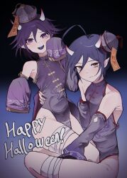 Rule 34 | 2boys, :d, bandaged leg, bandages, bare shoulders, black headwear, brown eyes, danganronpa (series), danganronpa v3: killing harmony, detached sleeves, fangs, gradient background, hair between eyes, hand around waist, hand up, happy halloween, highres, horns, hwang (h751073), jiangshi, looking at viewer, male focus, multiple boys, ofuda, ofuda on clothes, oma kokichi, open mouth, pink eyes, saihara shuichi, sitting, smile, teeth, tongue, translation request, upper teeth only, yaoi