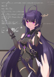 Rule 34 | 1girl, absurdres, bare shoulders, black gloves, blurry, blurry foreground, breasts, chalkboard, china dress, chinese clothes, cleavage, diaoyidimaomao, dress, earrings, elbow gloves, gloves, hair between eyes, hair ornament, highres, holding, honkai (series), honkai impact 3rd, horns, indoors, jewelry, long hair, looking at viewer, purple eyes, purple hair, raiden mei, raiden mei (herrscher of thunder), teacher