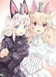 Rule 34 | 2girls, animal ears, warrior of light (ff14), black dress, blonde hair, blue eyes, blush, breasts, character request, chize, commentary request, crown, dress, facial mark, final fantasy, final fantasy xiv, fingernails, hair between eyes, hands up, long hair, long sleeves, medium breasts, mini crown, multiple girls, paw pose, puffy long sleeves, puffy sleeves, purple eyes, silver hair, very long hair, white dress