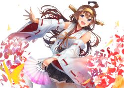Rule 34 | 1girl, :d, ahoge, aiguillette, bare shoulders, blush, breasts, brown hair, bug, butterfly, commentary, detached sleeves, double bun, floating hair, folding fan, hair bun, hairband, hand fan, head tilt, headgear, highres, holding, holding fan, insect, japanese clothes, kantai collection, kongou (kancolle), kongou kai ni (kancolle), konkito, long hair, looking at viewer, nontraditional miko, open mouth, petals, sidelocks, skirt, smile, solo, thighhighs, thighs, wide sleeves