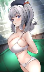 Rule 34 | 1girl, :o, absurdres, blue eyes, bra, breasts, cleavage, enishi96, hat, highres, kantai collection, kashima (kancolle), large breasts, looking at viewer, navel, panties, solo, thighs, twintails, underwear, white bra, white hair, white panties