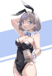 Rule 34 | 1girl, alternate costume, animal ears, bare legs, bare shoulders, black leotard, blue bow, blue bowtie, blue eyes, bow, bowtie, breasts, cleavage, cowboy shot, detached collar, fake animal ears, grey hair, highres, kafuuchino (chouti), leotard, love live!, love live! superstar!!, parted bangs, playboy bunny, rabbit ears, rabbit tail, short hair, solo, strapless, strapless leotard, tail, tang keke, wrist cuffs