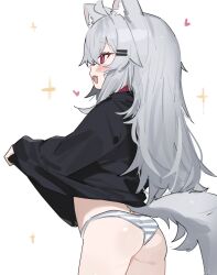 Rule 34 | 1girl, animal ears, ass, black sweater, blush, clothes lift, collar, commentary, cowboy shot, fenrir (fenriluuu), grey hair, heart, highres, lifting own clothes, long hair, open mouth, original, panties, red collar, red eyes, rir-chan, smile, solo, sparkle, striped clothes, striped panties, sweater, sweater lift, symbol-only commentary, tail, underwear, wolf ears, wolf girl, wolf tail