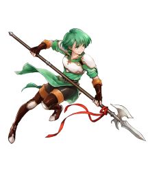 Rule 34 | 1girl, armor, belt, boots, breastplate, dress, elbow gloves, female focus, fingerless gloves, fire emblem, fire emblem: thracia 776, fire emblem heroes, full body, gloves, gold trim, green dress, green eyes, green hair, highres, holding, holding polearm, holding weapon, karin (fire emblem), knee pads, matching hair/eyes, nintendo, non-web source, official art, pantyhose, polearm, red ribbon, ribbon, shiny clothes, short dress, short hair, short sleeves, shoulder armor, solo, thigh boots, thighhighs, transparent background, uroko (mnr), weapon, white armor