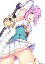 Rule 34 | 1girl, :d, arm up, armor, armpits, ass, black gloves, breastplate, cowboy shot, daiaru, eyes visible through hair, fingerless gloves, four goddesses online: cyber dimension neptune, from behind, from below, gloves, hair ornament, hair over eyes, highres, holding, holding sword, holding weapon, neptune (neptunia), neptune (series), open mouth, panties, purple eyes, purple hair, simple background, skirt, smile, solo, striped clothes, striped panties, sword, twitter username, underwear, weapon, white background, white skirt