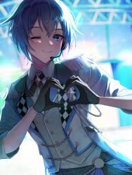 Rule 34 | 1boy, absurdres, backlighting, black gloves, blue eyes, blue hair, blurry, blurry background, blush, checkered clothes, closed mouth, collared shirt, commentary, dreamxiety, english commentary, gloves, hair between eyes, heart, heart hands, highres, idol, kaito (vocaloid), looking at viewer, male focus, mouthpiece, one eye closed, petticoat, project sekai, shirt, short hair, smile, solo, upper body, vocaloid