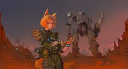 Rule 34 | 1girl, absurdres, animal ears, closed mouth, commission, cowboy shot, exoskeleton, floating hair, gloves, green jacket, green pants, highres, jacket, looking at viewer, mecha, medium hair, orange hair, original, outdoors, pants, polilla, red eyes, robot, science fiction, solo, uniform, wide shot