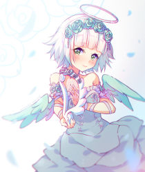 Rule 34 | 1girl, angel, angel wings, arm ribbon, artist name, bare shoulders, blue dress, blunt bangs, commentary, dress, feathered wings, flower, green eyes, hair flower, hair ornament, halo, harp, hyanna-natsu, instrument, jewelry, looking at viewer, original, petals, ribbon, short hair, smile, solo, white hair, wings