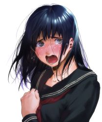 Rule 34 | 1girl, black hair, blush, brown eyes, crying, crying with eyes open, hand on own chest, highres, kamiyama aya, long hair, open mouth, original, school uniform, serafuku, solo, tears, white background