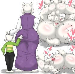 Rule 34 | 1boy, 1girl, absurdres, animal ears, asriel dreemurr, ass, ass grab, blush, breasts, colored skin, enigi09, furry, furry female, furry male, grabbing, grabbing another&#039;s ass, heart, hetero, highres, horns, huge ass, incest, interspecies, large breasts, mature female, mother and son, simple background, size difference, speech bubble, toriel, uncensored, undertale, white background, yellow skin