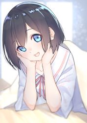 Rule 34 | 1girl, :d, blanket, blurry, blush, brown hair, commentary request, depth of field, highres, looking at viewer, on bed, open mouth, original, pajamas, pink ribbon, ribbon, shirt, short hair, short sleeves, sitting, smile, solo, star (symbol), star print, suzunari shizuku, under covers, upper body, white shirt, yuki arare