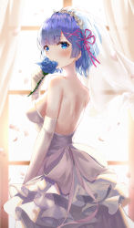 Rule 34 | 1girl, alternate costume, arm at side, backless dress, backless outfit, bare shoulders, blue eyes, blue flower, blue hair, blush, breasts, bridal veil, commentary request, covering own mouth, day, dress, elbow gloves, flower, flower knot, from behind, gloves, hair ornament, hair ribbon, hand up, highres, holding, holding flower, looking at viewer, lotpi, medium breasts, re:zero kara hajimeru isekai seikatsu, red ribbon, rem (re:zero), ribbon, short hair, sleeveless, sleeveless dress, solo, strapless, strapless dress, sunlight, veil, wedding dress, white dress, white gloves, window, x hair ornament