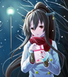 Rule 34 | 10s, 1girl, alternate costume, blush, box, breasts, brown hair, casual, cat, chocolate, fingerless gloves, gift, gloves, hair ornament, highres, kantai collection, lamp, light, long hair, looking at viewer, maruyama kurehiro, personification, ponytail, radar, red eyes, reido (raid zero), road, smile, snowing, solo, street, valentine, yamato (kancolle)