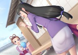 Rule 34 | 2girls, :d, architecture, pearl fey, maya fey, ball, black hair, brown hair, dated, dutch angle, east asian architecture, ace attorney, hair rings, half updo, hands up, japanese clothes, jewelry, long hair, low-tied long hair, magatama, magatama necklace, miyai sen, multiple girls, necklace, open mouth, outdoors, short hair, sidelocks, smile