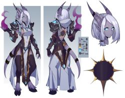 Rule 34 | 1girl, absurdres, armor, black thighhighs, blue sclera, breasts, character sheet, closed mouth, color guide, colored sclera, colored skin, commission, covered navel, digitigrade, distr, draenei, grey hair, grey skin, hand up, highres, hooves, horn ornament, horn ring, horns, magic, medium hair, monster girl, multiple views, pauldrons, pelvic curtain, shoulder armor, sideboob, tabard, thighhighs, warcraft, white eyes, world of warcraft
