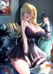 Rule 34 | 1girl, blonde hair, blue eyes, bottle, breasts, cleavage, cup, drinking glass, food, glass table, hair ornament, highres, hololive, hololive english, long hair, long sleeves, minxei, mole, mole on breast, picture frame, see-through, smile, solo, sunglasses, table, thigh strap, virtual youtuber, watson amelia, watson amelia (party dress)