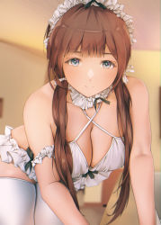 Rule 34 | 1girl, all fours, armband, bare shoulders, bikini, blurry, blurry background, bow, breasts, brown hair, choker, cleavage, collarbone, cosplay, frilled bikini, frilled choker, frills, grayfox, grey eyes, hair bow, halterneck, headdress, highres, indoors, leaning forward, light blush, long hair, looking at viewer, maid, maid bikini, maid headdress, medium breasts, original, photo-referenced, skindentation, smile, solo, swimsuit, thighhighs, twintails, unconventional maid, white bow, white choker, white thighhighs