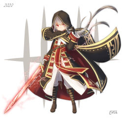 Rule 34 | 1girl, absurdres, black cape, black coat, black footwear, black gloves, cape, closed mouth, coat, commentary request, coreytaiyo, dated, electricity, floating hair, full body, gloves, hand up, highres, holding, holding sword, holding weapon, hood, hood up, hooded cape, kneebar, long hair, long sleeves, looking at viewer, original, pants, red eyes, signature, silver hair, sleeves past wrists, solo, standing, sword, v-shaped eyebrows, very long hair, weapon, white background, white pants