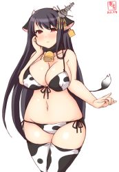 Rule 34 | 1girl, alternate costume, animal ears, animal print, artist logo, bikini, black hair, breasts, cleavage, collarbone, commentary request, cow ears, cow horns, cow print, cow tail, cowboy shot, dated, ear tag, fake animal ears, fake horns, fusou (kancolle), hair ornament, hand on own chest, highres, horns, kanon (kurogane knights), kantai collection, large breasts, long hair, looking at viewer, one-hour drawing challenge, red eyes, side-tie bikini bottom, simple background, solo, swimsuit, tail, thighhighs, white background, white bikini, white thighhighs, wide hips