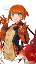 Rule 34 | 1girl, blue eyes, blush, breasts, cropped torso, gloves, highres, jacket, looking at viewer, mechanical parts, orange gloves, orange hair, orange jacket, original, parted lips, small breasts, smile, solo, translated, upper body, white background, yunimaru