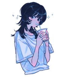 Rule 34 | 1girl, absurdres, bendy straw, black hair, blue eyes, collarbone, cup, disposable cup, drinking straw, fingernails, hands up, heart, highres, holding, holding cup, jewelry, long hair, multiple rings, original, ring, shirt, short sleeves, simple background, solo, white background, white shirt, yosh1to