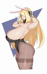 Rule 34 | 1girl, absurdres, animal ears, armpits, ass, black leotard, blonde hair, breasts, creatures (company), cynthia (pokemon), fake animal ears, fake tail, game freak, hair over one eye, highres, huge ass, huge breasts, leebo (leeboxxx), leotard, long hair, looking at viewer, nintendo, pantyhose, playboy bunny, pointy breasts, pokemon, pokemon dppt, rabbit ears, rabbit tail, sideboob, sideways glance, simple background, solo, strapless, strapless leotard, tail, white background