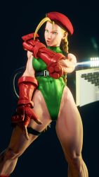 Rule 34 | 1girl, 3d, antenna hair, bare shoulders, blonde hair, blue eyes, braid, breasts, cammy white, clenched hand, covered navel, curvy, gloves, green leotard, groin, hat, highleg, highleg leotard, highres, large breasts, leotard, lips, long hair, red gloves, red hat, ryona, screencap, shiny clothes, solo, street fighter, street fighter v, thighs, third-party edit, thong leotard, twin braids, very long hair, wide hips