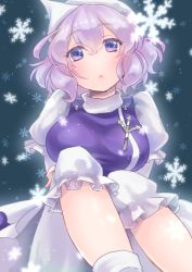 Rule 34 | +, 1girl, bad id, bad pixiv id, blue eyes, breasts, hat, letty whiterock, light purple hair, looking at viewer, misaka (05), short hair, snowflakes, solo, touhou