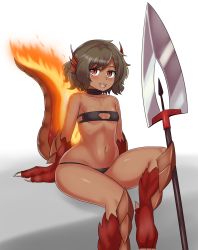 Rule 34 | 1girl, :d, arm support, blush, breasts, brown hair, choker, claws, collarbone, dark-skinned female, dark skin, fang, fiery tail, fins, head fins, highres, lizard tail, looking at viewer, monster girl, monster girl encyclopedia, nav (itsnav), open mouth, polearm, red eyes, salamander (monster girl encyclopedia), simple background, sitting, small breasts, smile, solo, tail, weapon, wide hips