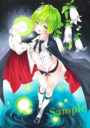 Rule 34 | 1girl, antennae, arim0k0, black cape, black footwear, black shorts, blush, breasts, cape, collared shirt, commentary, flower, full body, green eyes, green hair, groin, highres, kneehighs, light particles, long sleeves, looking at viewer, micro shorts, navel, open clothes, open mouth, open shirt, red cape, round teeth, sample watermark, shirt, short hair, shorts, small breasts, socks, solo, standing, teeth, thighs, touhou, two-sided cape, two-sided fabric, underboob, watermark, white flower, white shirt, white socks, wriggle nightbug