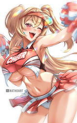 Rule 34 | 1girl, :d, blonde hair, blush, breasts, cheerleader, clay (nikke), crop top, goddess of victory: nikke, hair intakes, hair ornament, hairclip, large breasts, long hair, nathosf, navel, one eye closed, open mouth, panties, pink eyes, red shirt, red skirt, shirt, skirt, smile, solo, twintails, two-tone shirt, two-tone skirt, underboob, underwear, visor cap, whistle, whistle around neck, white panties, white shirt, white skirt